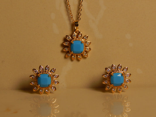 Hand Carved Pendant Set, 22k Gold plated, With Sky Blue Stone, Pendant Sets