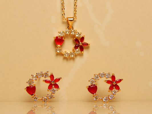 Beautiful Design, Gold Plated, Red & White Crystal Stones, Pendant Set